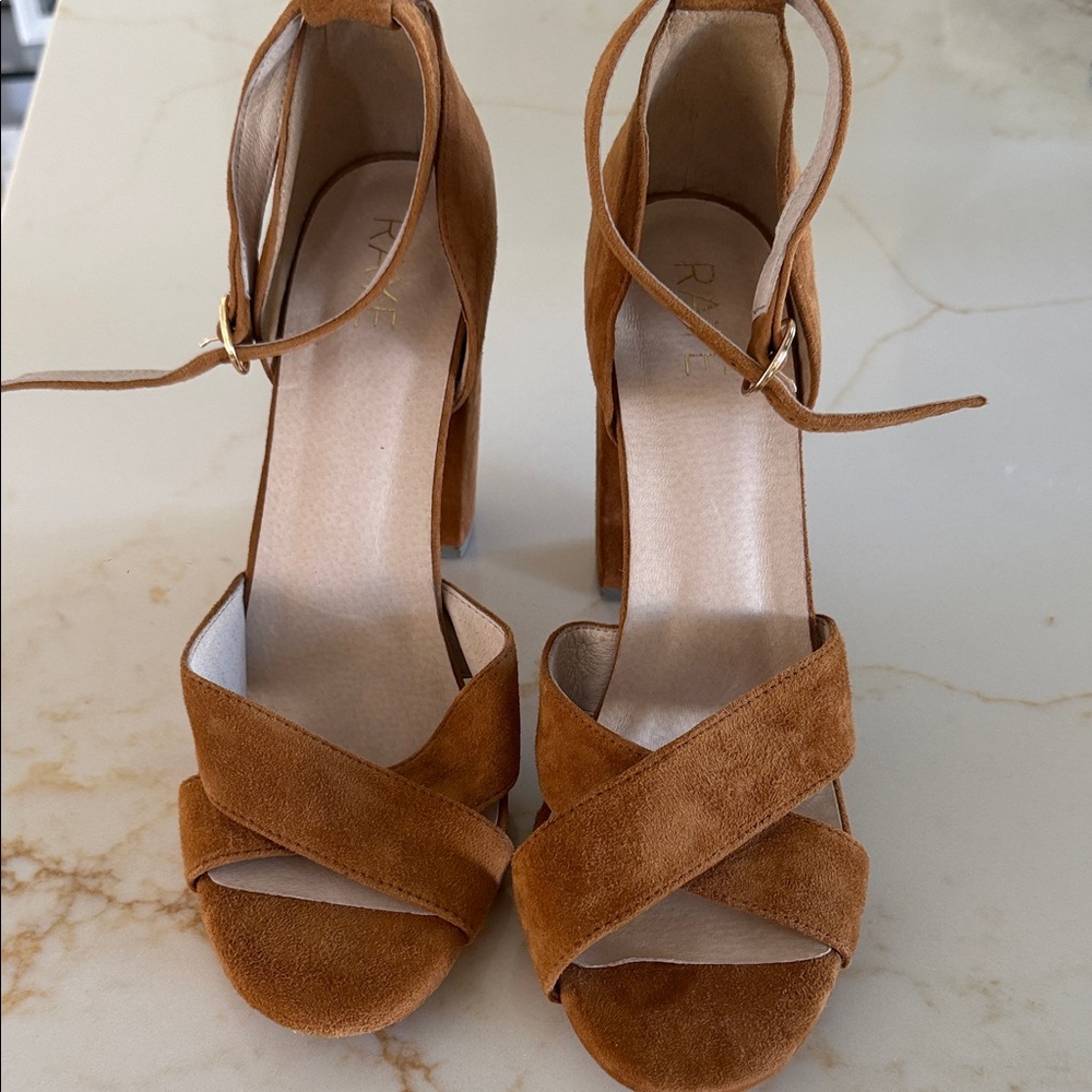 RAYE Tan Suede Crisscross Ankle-Strap Block Heels